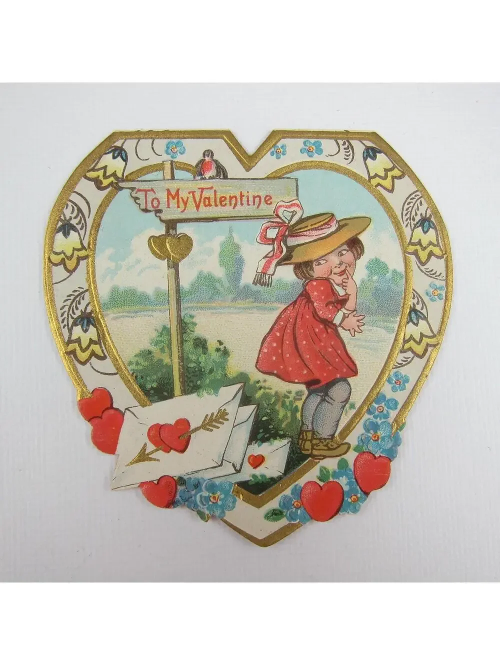 Vintage Valentine Card Die cut Girl Red Dress Blue Yellow Flowers Gold UNSIGNED